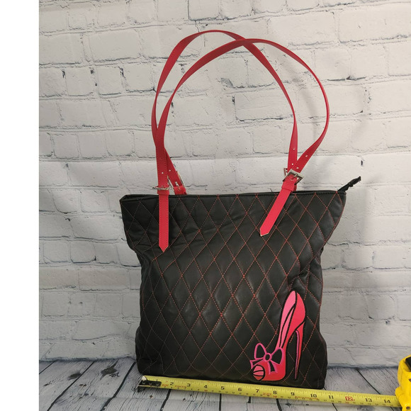 fluff Handbags - Fluff Black Quilted Shoulder Bag with a Pink Stiletto embroidered on it.